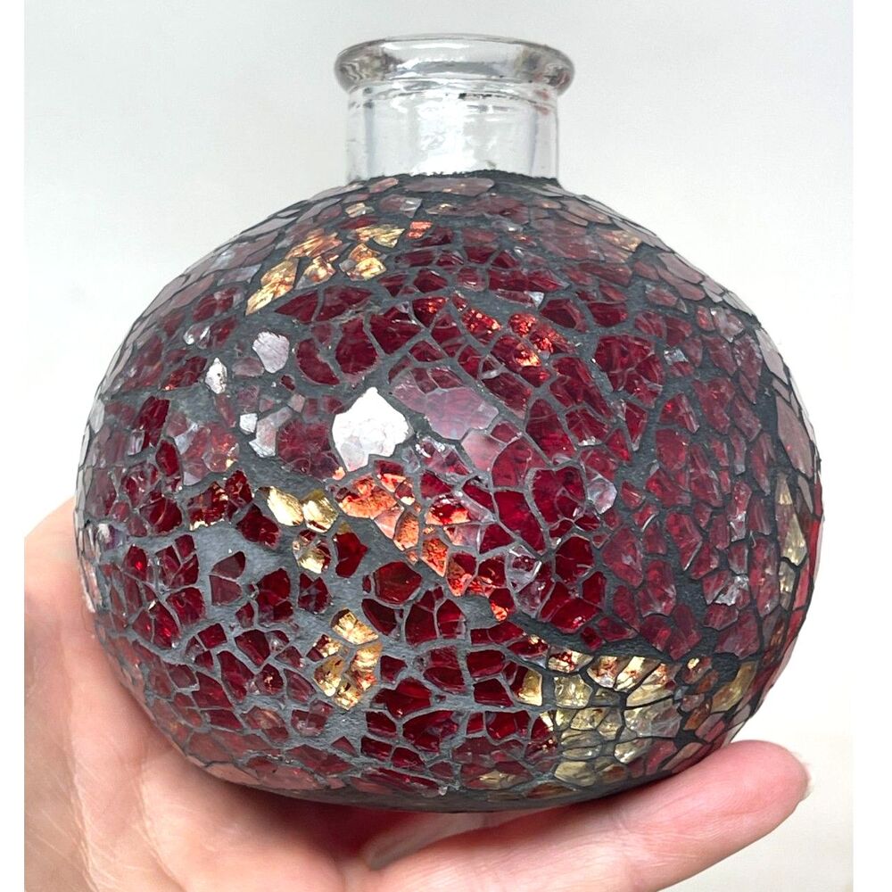 Glass Explosion Japanese Vase Mosaic Lampwork Glass & Crystal Red Handmade 4.5"